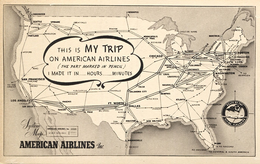 09-Sz-American-Airlines-Route-Map-Postcard,-A-I,-A-245-C,-Marvin-G-Goldman-Coll'n