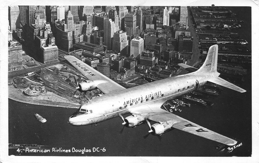11-Sz-American-Airlines-DC-6-Over-Manhattan,-Enell-no.-4,-PM-16-Sep-1957,-MGGoldman-Coll'n